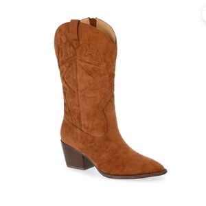 Womens Faux Suede Embroidered Western Boots Cognac